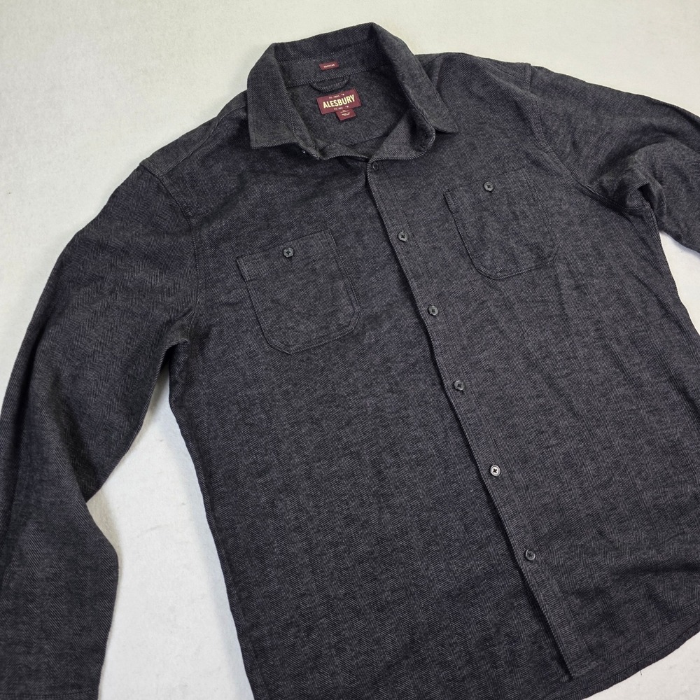 Alesbury Mens XL‎ Regular Fit Herringbone Button Down Shirt Charcoal Grey Cotton